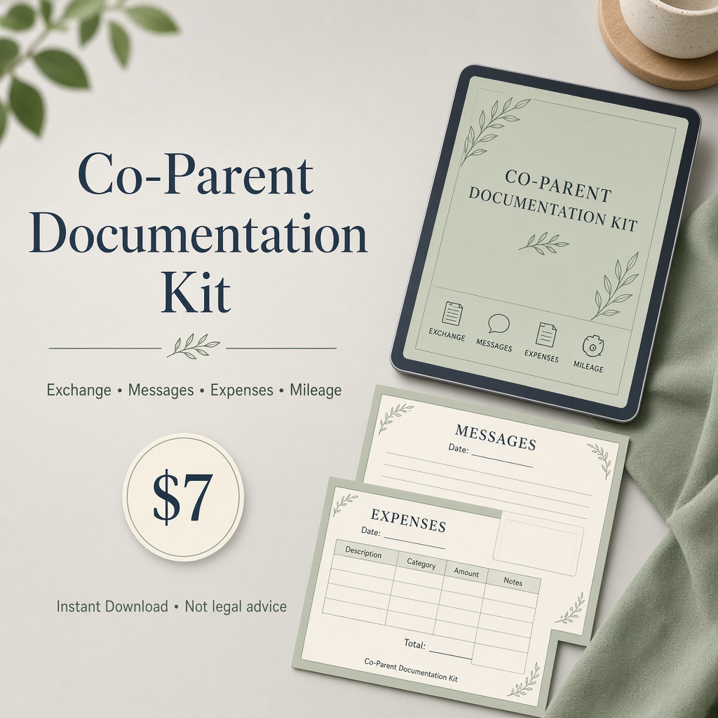 Custody Exchange and Co-Parent Documentation Kit cover — Excel and printable PDF templates for exchange logs, communication logs, and shared expenses